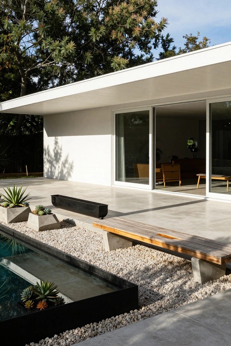 Modern concrete patio with wooden bench beside a small linear black-edged pool, surrounded by white pebbles, geometric concrete pots with succulents and agave plants, adjacent to white house exterior with large open glass sliding doors.