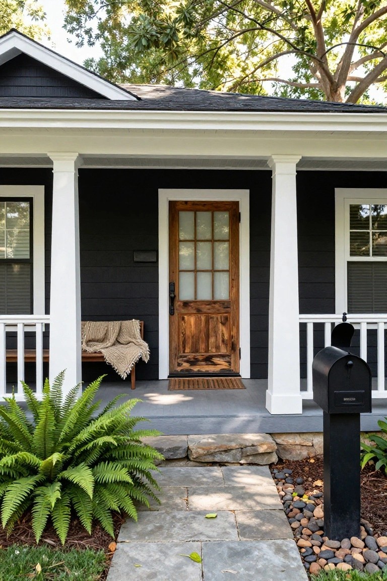 Black clapboard-sided house exterior with white trim and columns supporting the front porch, wooden door with nine glass panes, bench with blanket, mailbox, and ferns in the front yard.