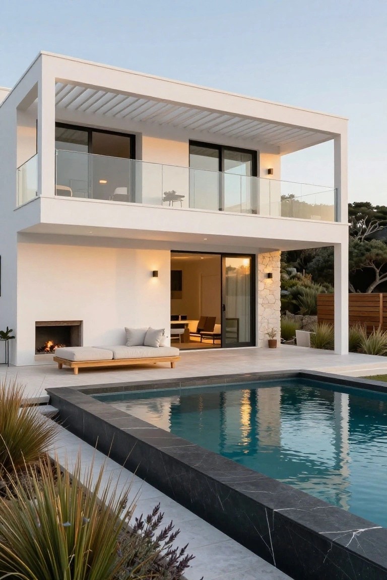 Two-story modern white stucco house with glass balcony, black-framed sliding doors, adjacent rectangular pool with black stone edging, outdoor fire pit, wooden daybed, and drought-tolerant plants on a tiled patio at dusk.