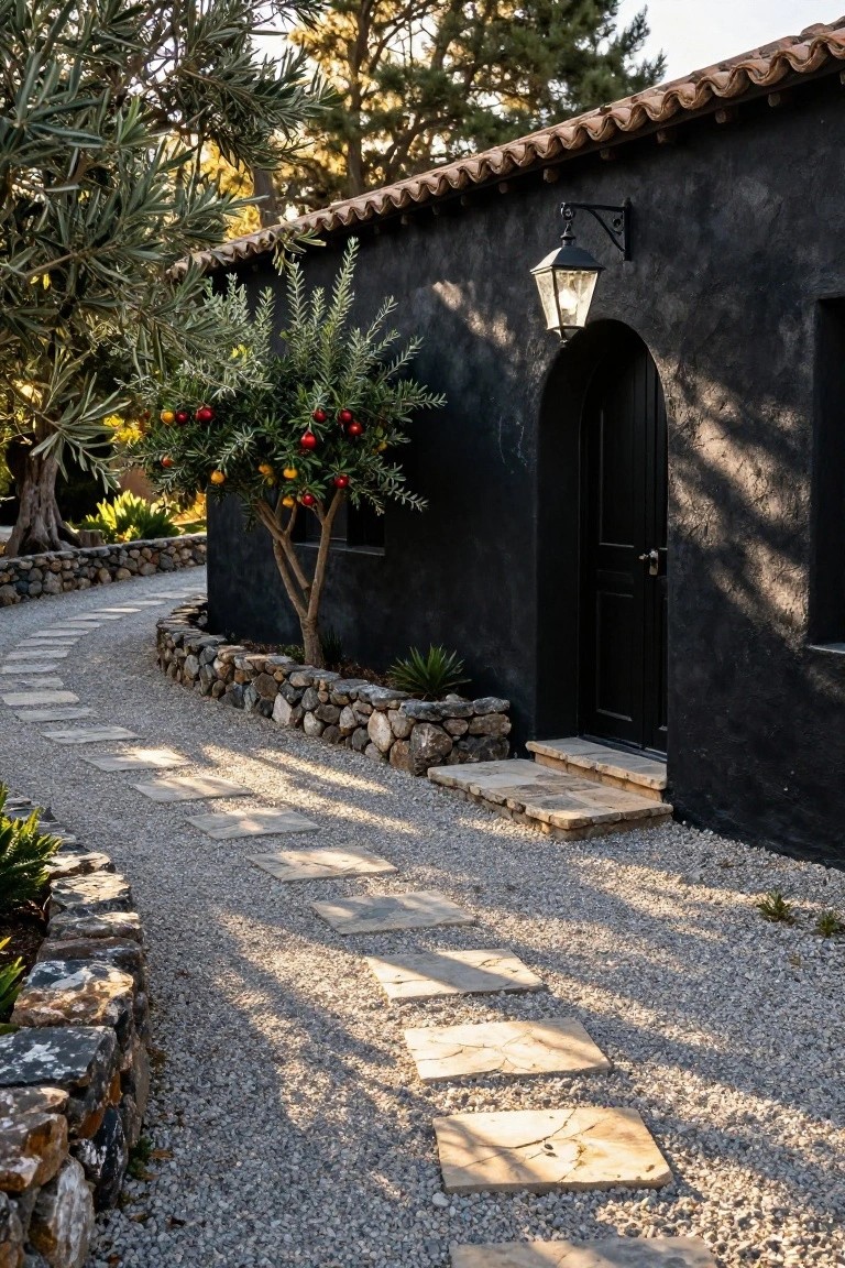 Black stucco exterior wall of a house with terracotta tile roof, arched black wooden door lit by a hanging lantern, orange tree with fruit nearby, olive trees, and winding stone path with gravel and dry stone walls.