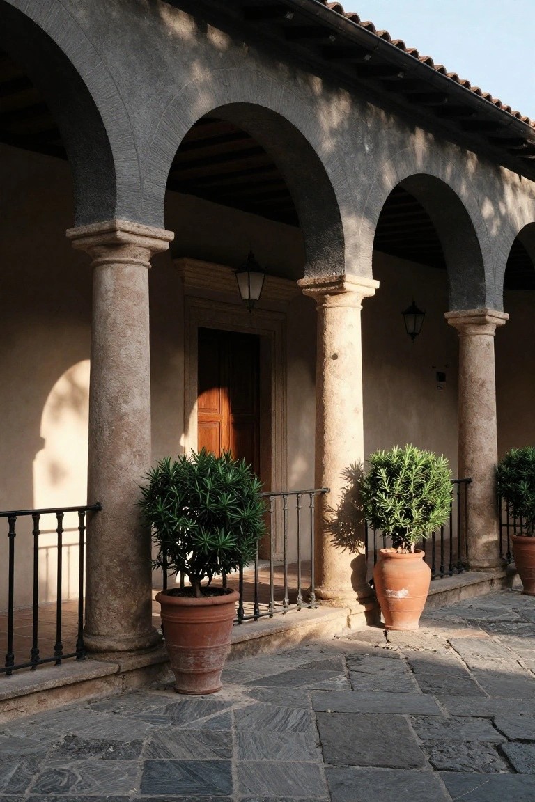 Dark stucco Mediterranean building exterior with light stone columns and rounded arches forming a colonnade around a wooden entry door, flanked by terracotta pots with topiary shrubs, hanging lanterns, black metal railing, and stone tile paving in sunlight.