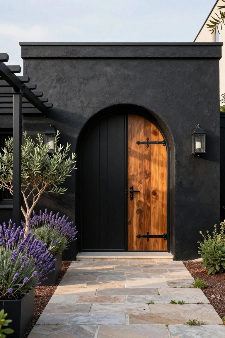 Black stucco exterior wall with tall arched wooden door featuring dark wood grain and iron hinges, flanked by olive tree, lavender plants in black pots, stone pathway, and lantern lights on wall.