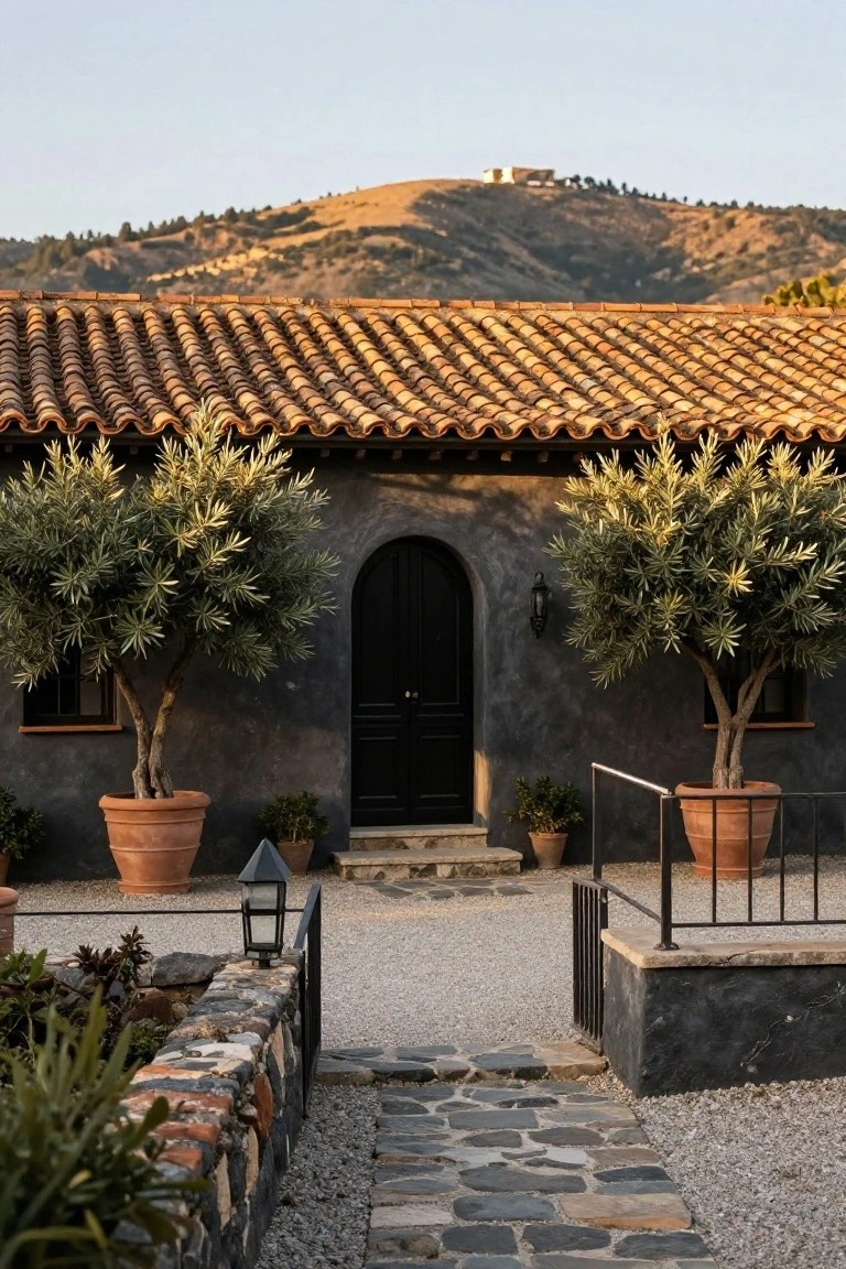 Dark stucco Mediterranean house exterior with black arched front door, large potted olive trees on each side, terracotta tile roof, gravel pathway with stone steps, metal gate, lantern light, and hills in the background at sunset.