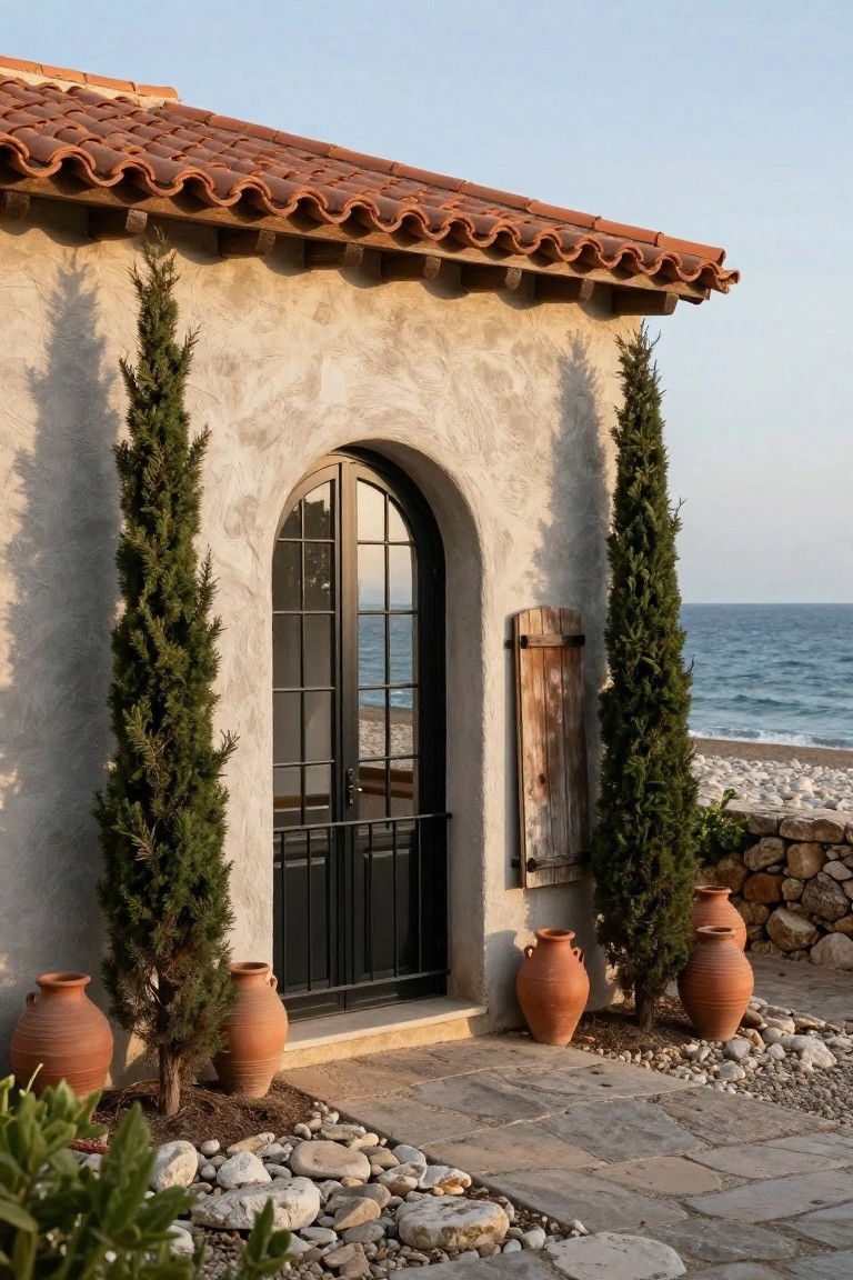 Beige stucco exterior wall of a Mediterranean house with curved red terracotta tile roof overhang, tall black metal arched door with grid windows and iron gate, flanked by two slim cypress trees and several large terracotta pots, stone path with pebbles leading to pebbly beach and sea.