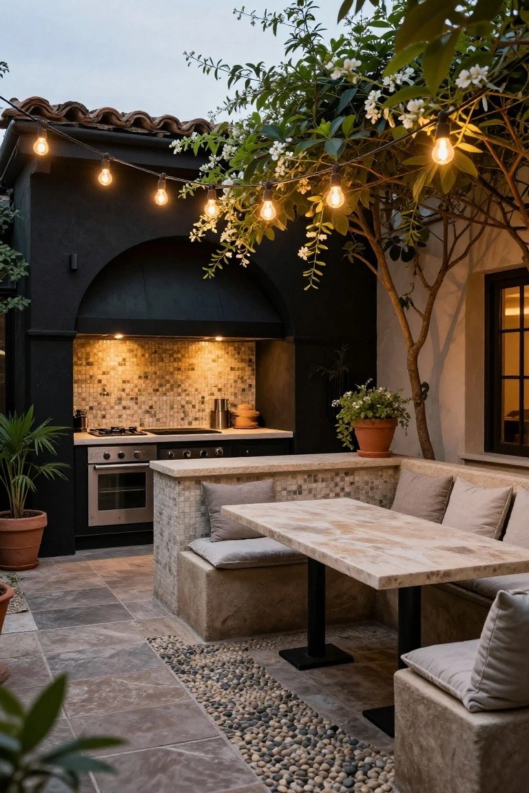 Outdoor patio with black cabinetry and hooded kitchen built into a beige stone wall, mosaic tile backsplash, stainless oven and cooktop, stone benches and table with beige cushions, potted plants, string lights, and jasmine vine overhead.
