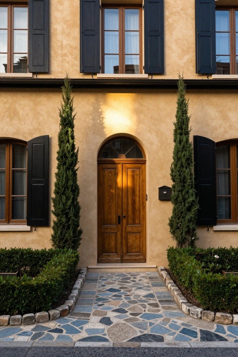 Ochre stucco house facade with black shutters on multi-pane windows, arched wooden double doors, flanked by tall cypress trees and low boxwood hedges, with a pebbled stone pathway leading to the entry.