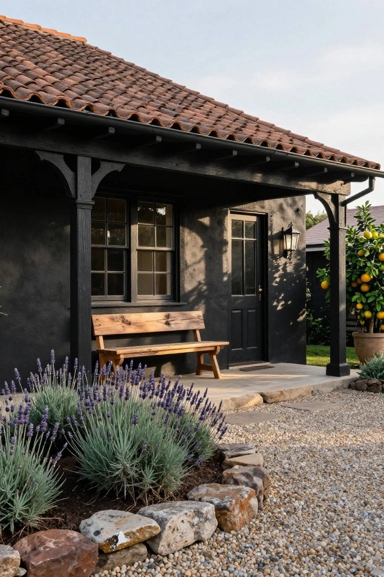 Black stucco house with terracotta tile roof, wooden porch supports and bench, dark wood door and window, lantern light, lavender plants, orange tree, and gravel path with rock edging.