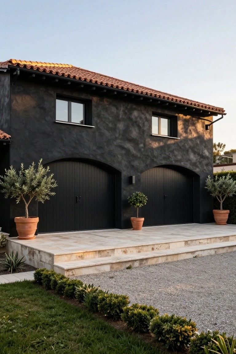 Black textured stucco house exterior featuring two arched black wooden garage doors flanked by potted olive trees in terracotta pots, terracotta tile roof, beige stone platform with steps leading to a gravel area, boxwood hedges, grass lawn, and agave plants in late afternoon light.
