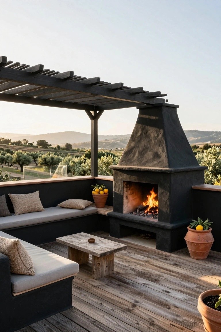 Outdoor terrace on a wooden deck with a tall black stucco fireplace burning, L-shaped black bench with beige cushions and pillows, low wooden coffee table, terracotta pots with oranges and plants, wooden pergola overhead, and olive groves with hills in the background at sunset.