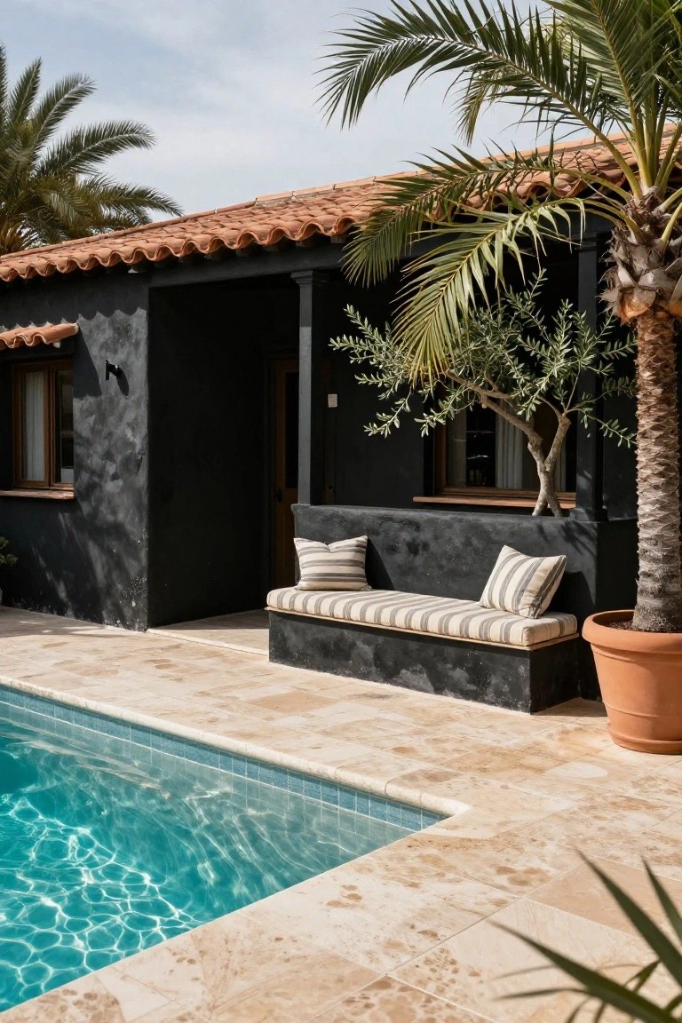 Black stucco house exterior with terracotta tile roof, built-in cushioned bench on the wall, potted olive tree, palm trees, and edge of a swimming pool with beige tile decking.