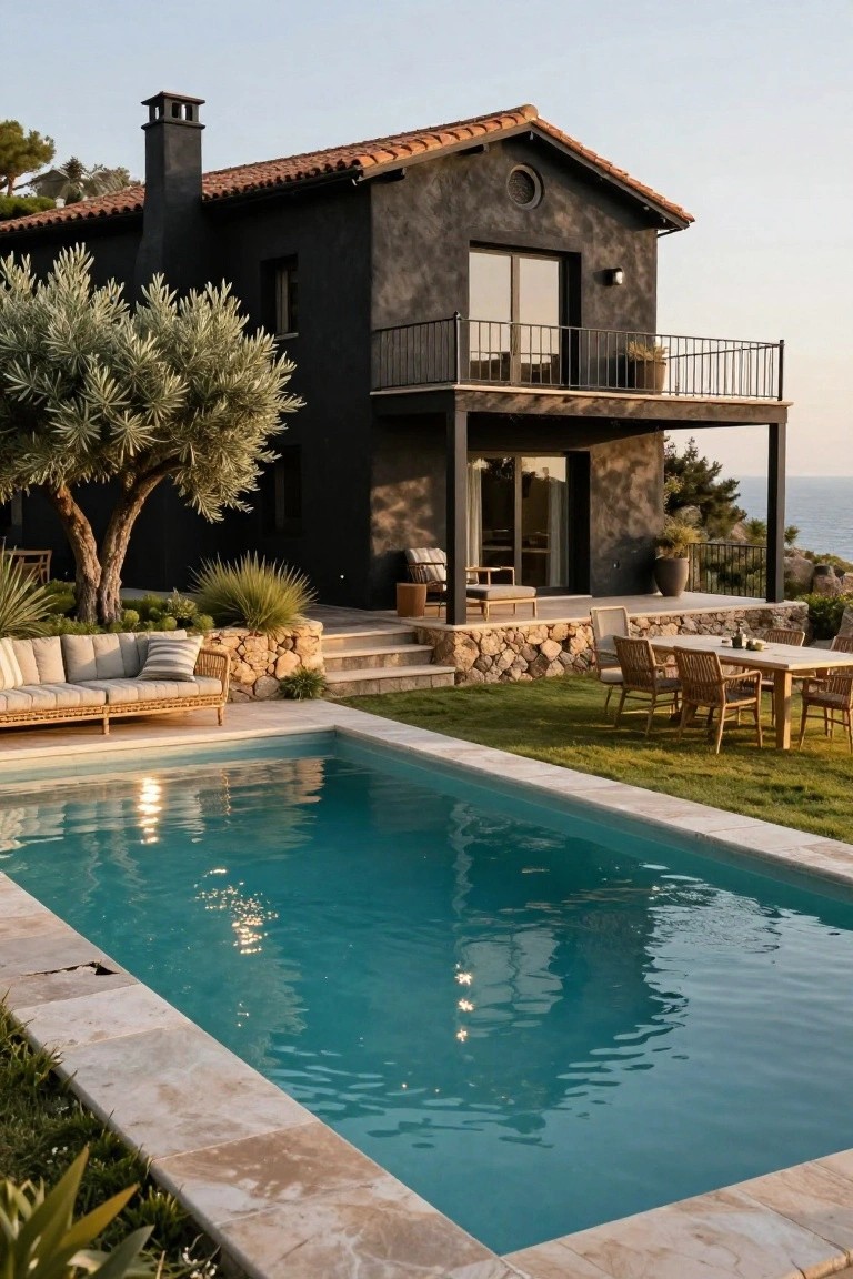 Black stucco two-story Mediterranean house with terracotta tile roof, metal balcony, stone retaining wall, infinity-edge pool, outdoor dining furniture, olive trees, and ocean view at sunset.
