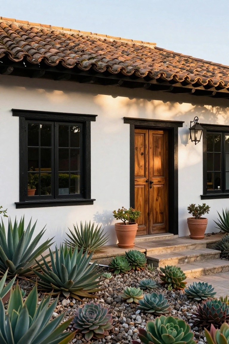 White stucco single-story house with curved terracotta tile roof, black-trimmed six-over-six double casement windows, dark wood double door with black frame and lantern light, flanked by potted plants on stone steps and agave succulents in gravel bed.