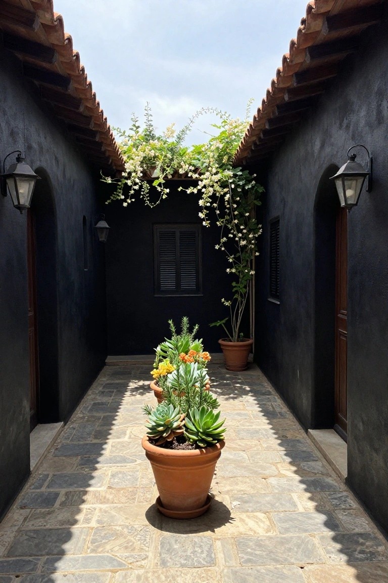 Narrow stone-paved passageway between tall black stucco walls topped with red terracotta tile roofs, lined with terracotta pots containing succulents, herbs, and orange flowers, white-flowering vines climbing one wall, black lanterns mounted on walls, wooden doors at each end, sunlight casting long shadows on the path under partly cloudy sky.