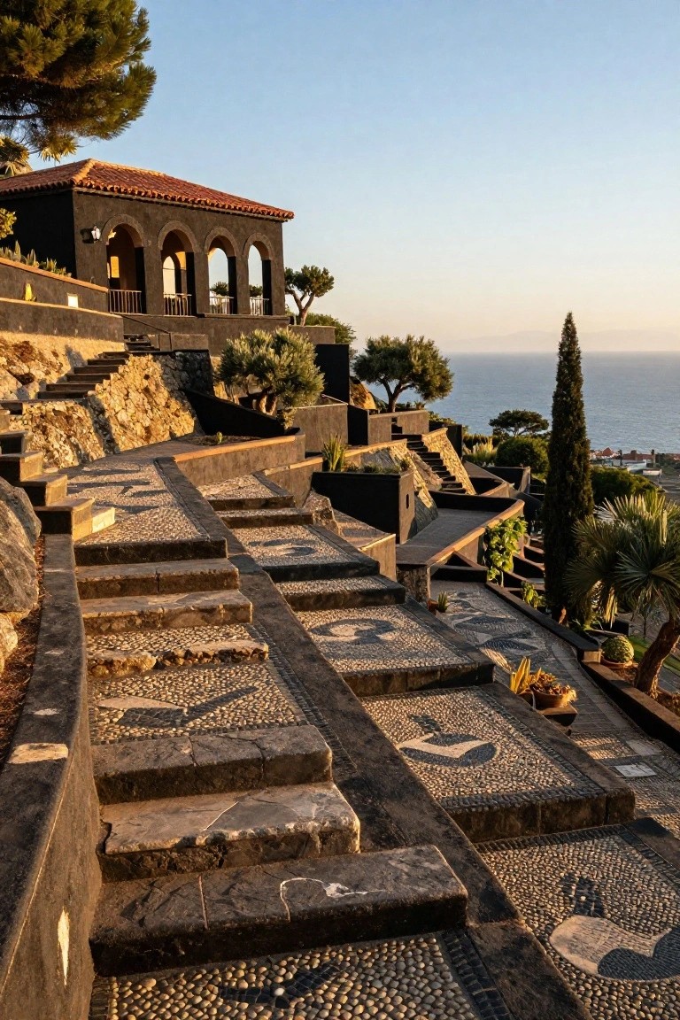 Black stucco Mediterranean house with red tile roof and arched openings on terraced hillside with mosaic pebble steps overlooking sea at sunset.