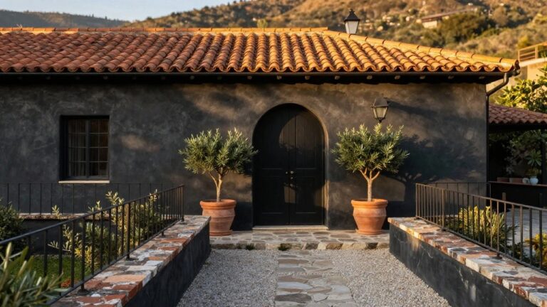 Dark stucco Mediterranean house exterior with black arched front door, large potted olive trees on each side, terracotta tile roof, gravel pathway with stone steps, metal gate, lantern light, and hills in the background at sunset.