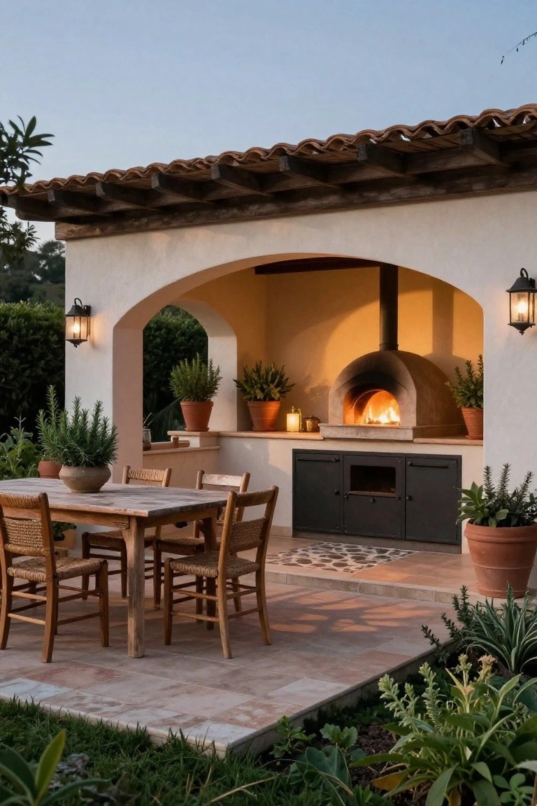 Arched stucco outdoor kitchen structure with wood-fired pizza oven, black cabinets, wooden dining table and chairs, potted plants, terracotta tile flooring, and surrounding greenery at dusk.