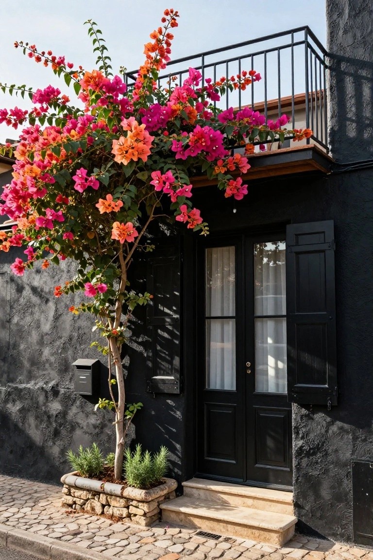 Black stucco house exterior featuring vibrant pink and orange bougainvillea vines climbing over a balcony railing and door with shutters, a stone planter with greenery at the entry steps, and a cobblestone path.