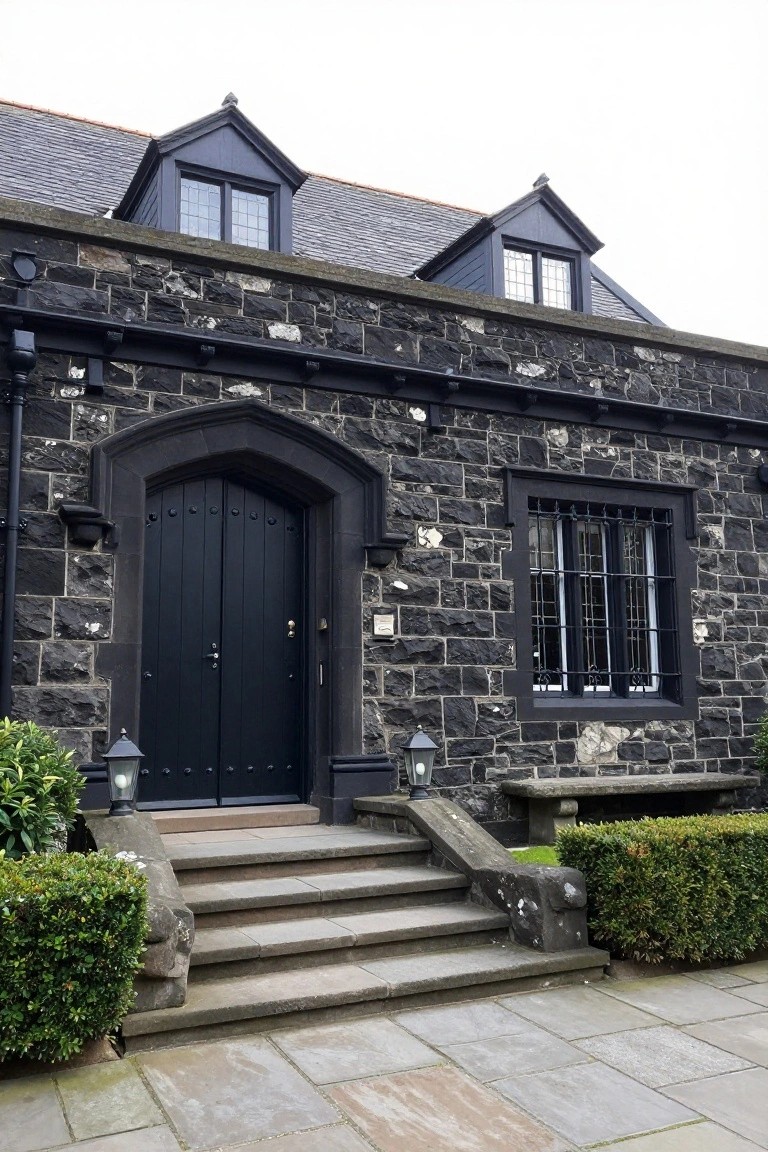 Front view of a dark stone house with a large arched black double door entrance, stone steps leading up, two lanterns on either side, dormer windows above, and boxwood shrubs nearby.