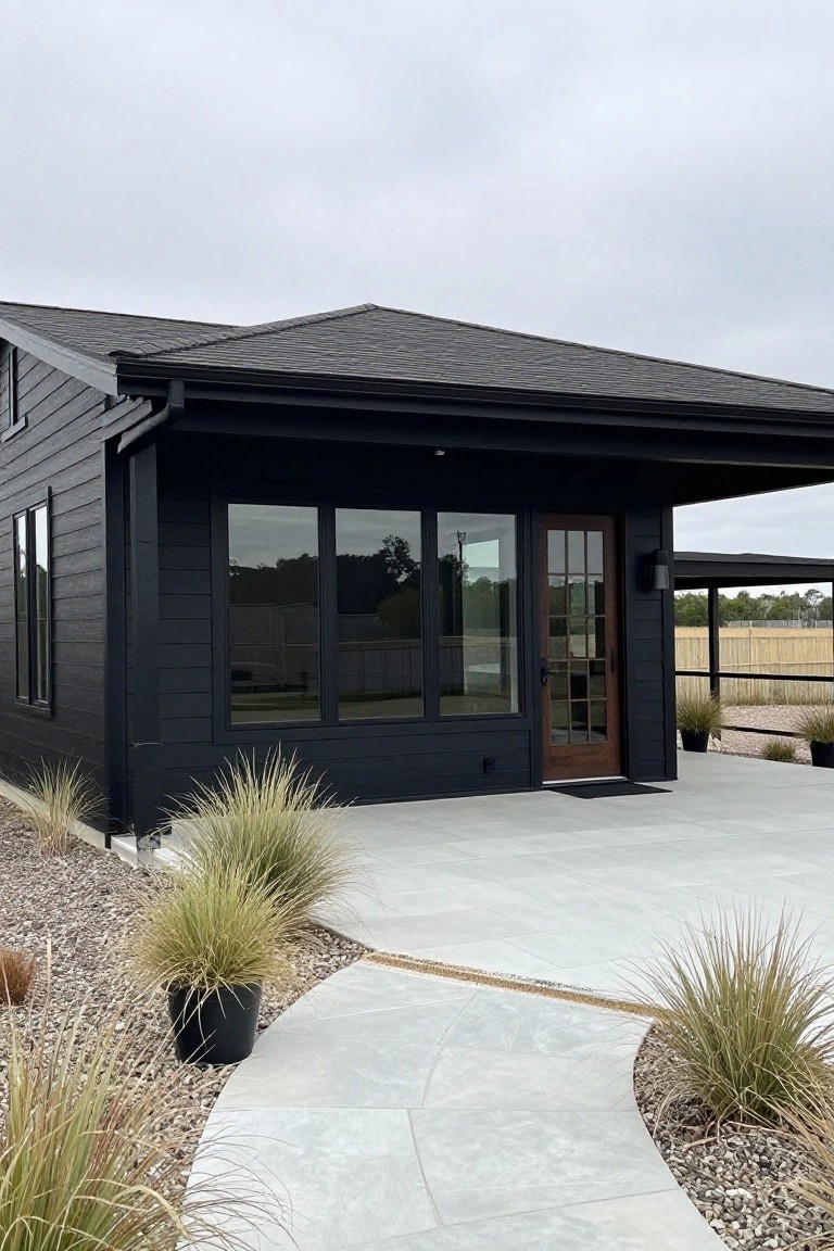 Black board-and-batten sided house exterior with gable roof, large dark-tinted windows, wooden front door, concrete patio, potted grasses, gravel ground cover, and distant fence under overcast sky.