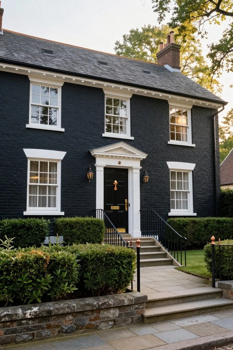 Two-story house with black brick exterior, white sash windows, white pedimented front door with brass knocker and letterbox, black lanterns, wrought-iron steps and railing, boxwood shrubs, and stone edging on a paved path.