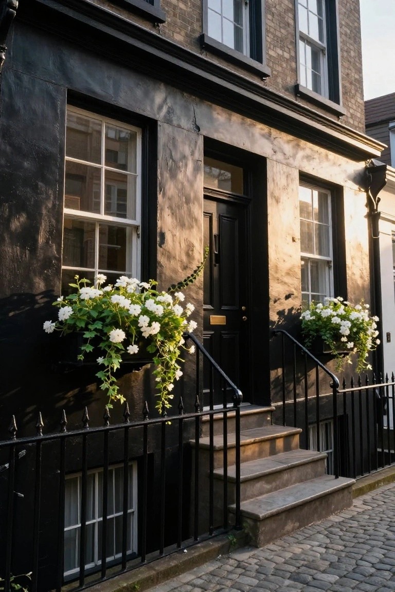 Black-painted brick townhouse facade with white flowering plants in window boxes flanking a black front door, black iron railing, stone steps, and sash windows on a cobblestone street.