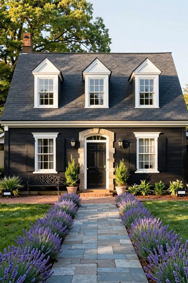 A black clapboard house with white window trim, three gabled dormers, stone-arched entry door, lanterns, potted topiary plants, and a stone pathway lined with lavender bushes leading from the street.