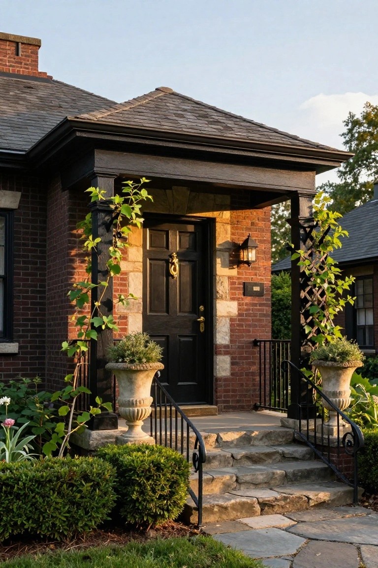 Brick house exterior featuring a black front door with brass knocker in a stone-surround porch, dark wood posts with climbing vines, urn planters on iron-railed steps, shrubs, and a stone pathway.