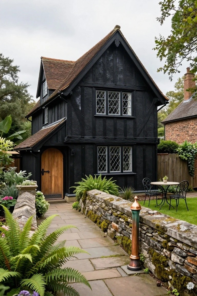 Two-story black half-timbered house with red-tiled roof, leaded glass windows, arched wooden entry door, stone pathway, garden plants, and nearby outdoor table with chairs.