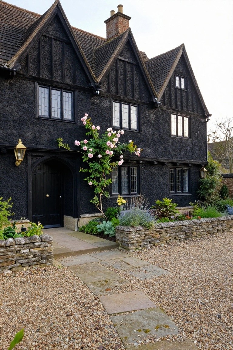 Black half-timbered house exterior with arched black front door, pink climbing rose vine, lantern light, stone garden wall, and gravel driveway.