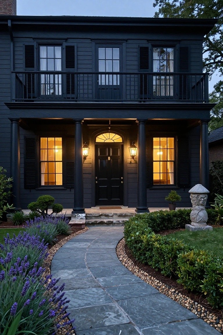 A two-story traditional house painted black with clapboard siding, symmetrical windows, porch supported by columns, black front door with lanterns, and a curved slate pathway edged by lavender plants and shrubs at dusk.