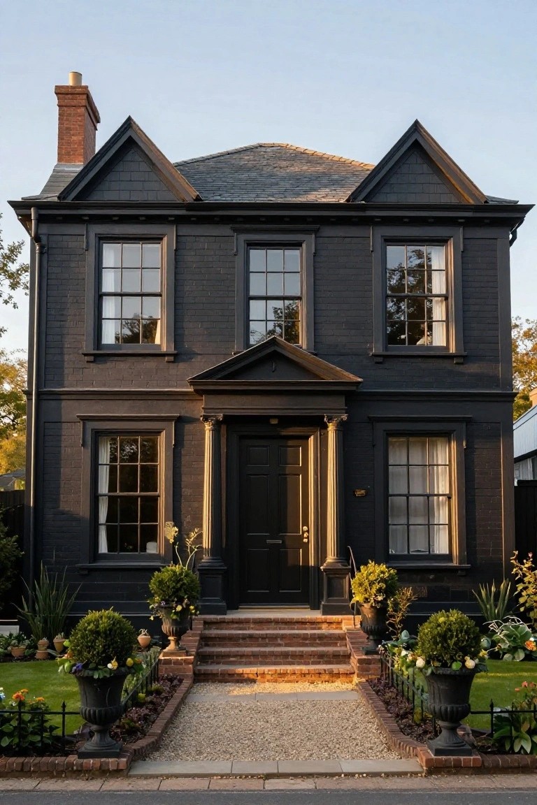 Two-story black painted brick house with gabled slate roof, symmetrical multi-pane windows, central columned pedimented entry door, brick steps, gravel path, and front yard landscaping with urns, topiary shrubs, and flower beds.