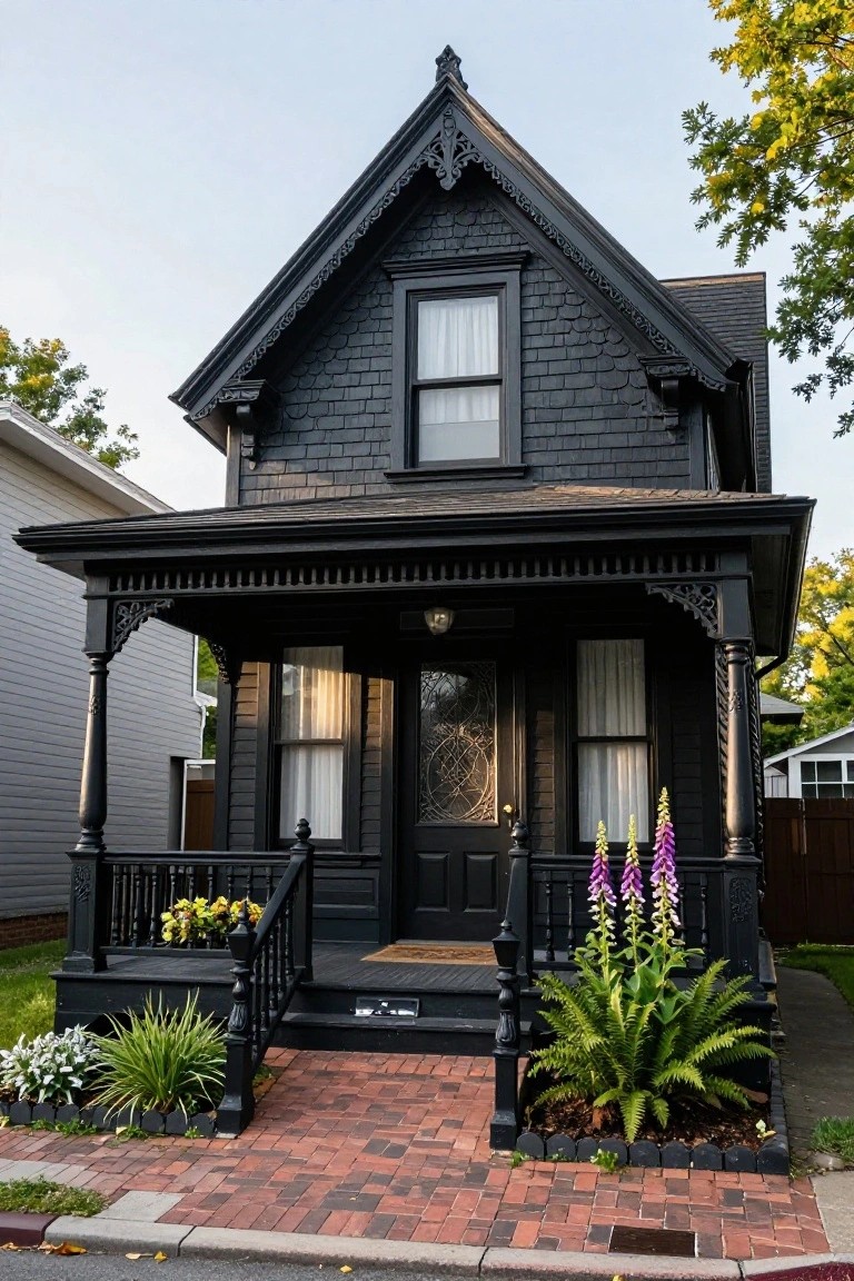 A two-story black shingled Victorian cottage with ornate wraparound porch, stained glass front door, purple foxgloves, and potted plants along brick steps and pathway.