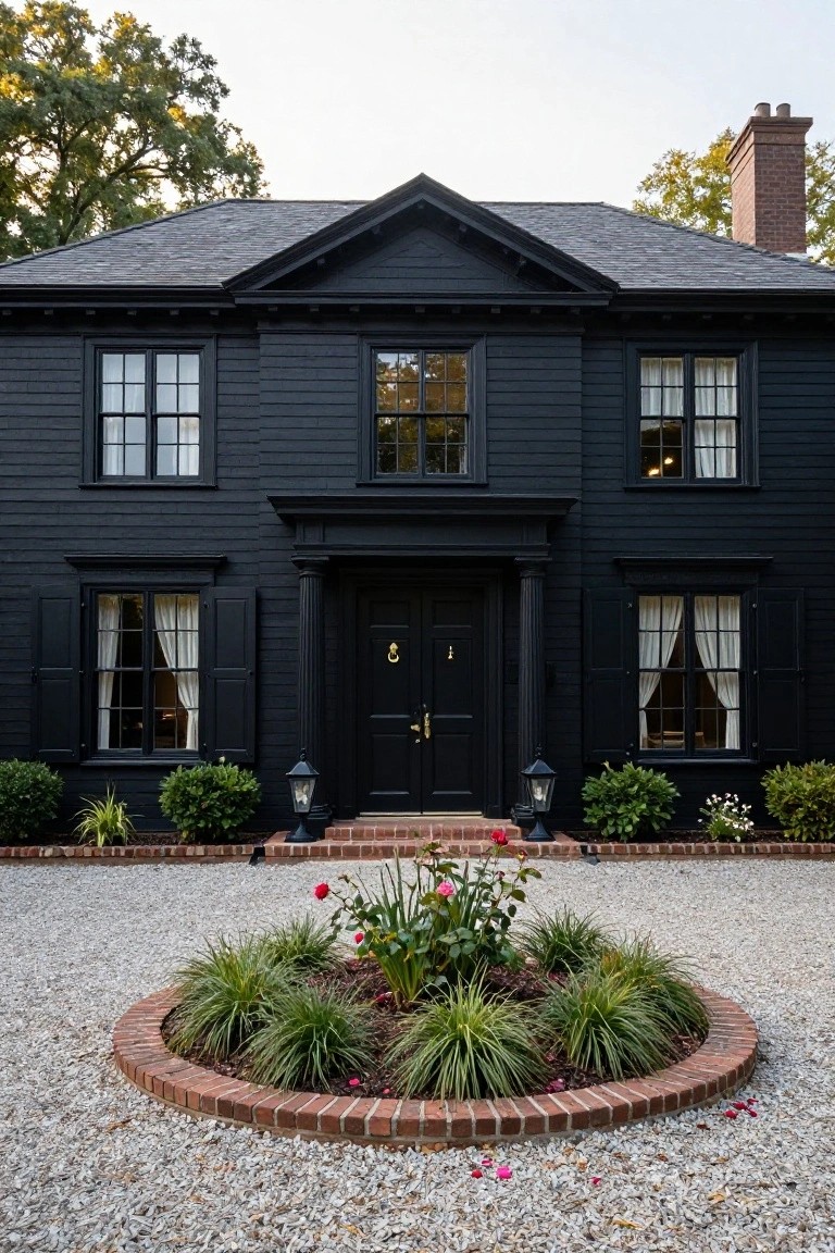 Front exterior view of a two-story black shingled traditional house with symmetrical black-framed windows, black shutters, central pedimented entry with columns and black double doors with gold knocker, flanked by black lanterns on brick steps, boxwood shrubs, and a circular brick garden bed with grasses and pink roses in a gravel driveway.