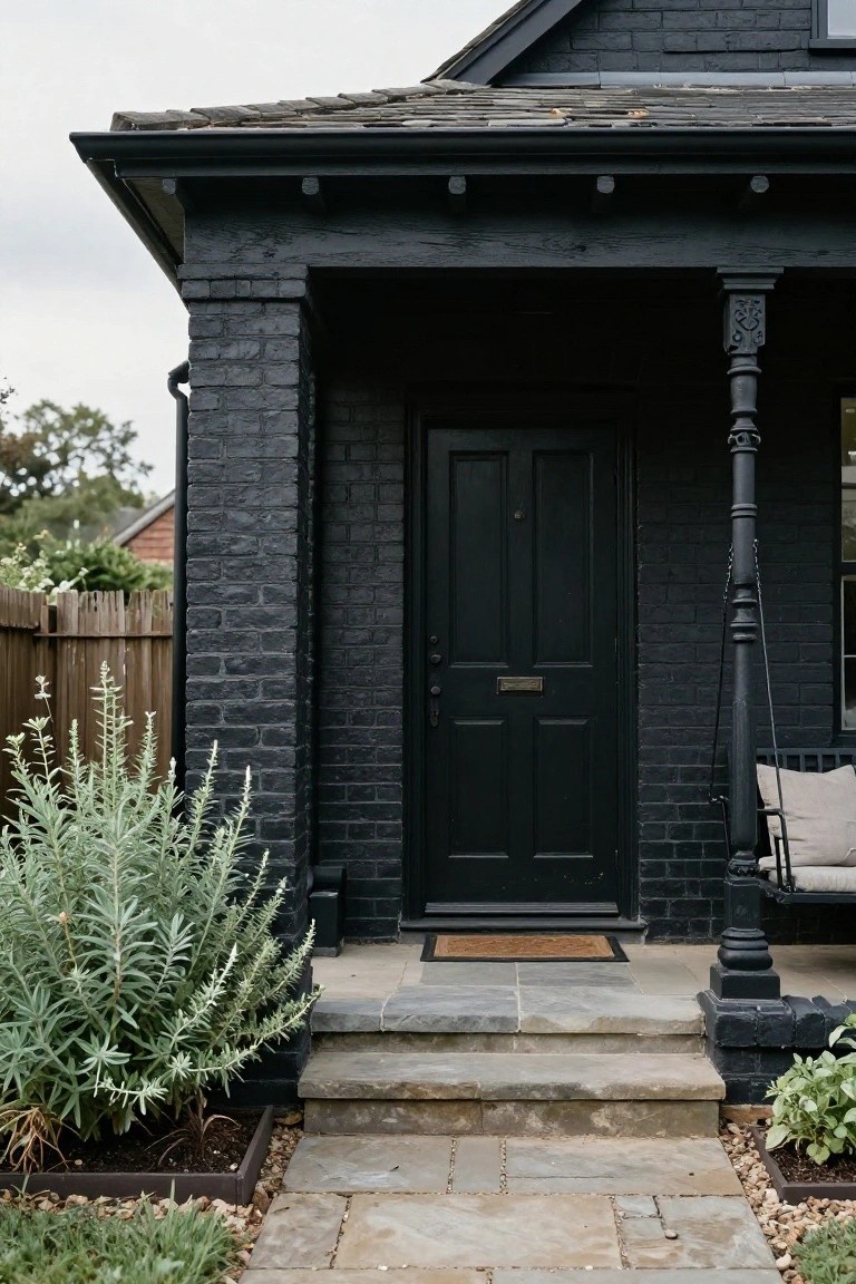Black brick house exterior with covered porch, dark wood front door, ornate column supporting hanging porch swing with cushions, stone steps, gravel path, and low plants in beds.