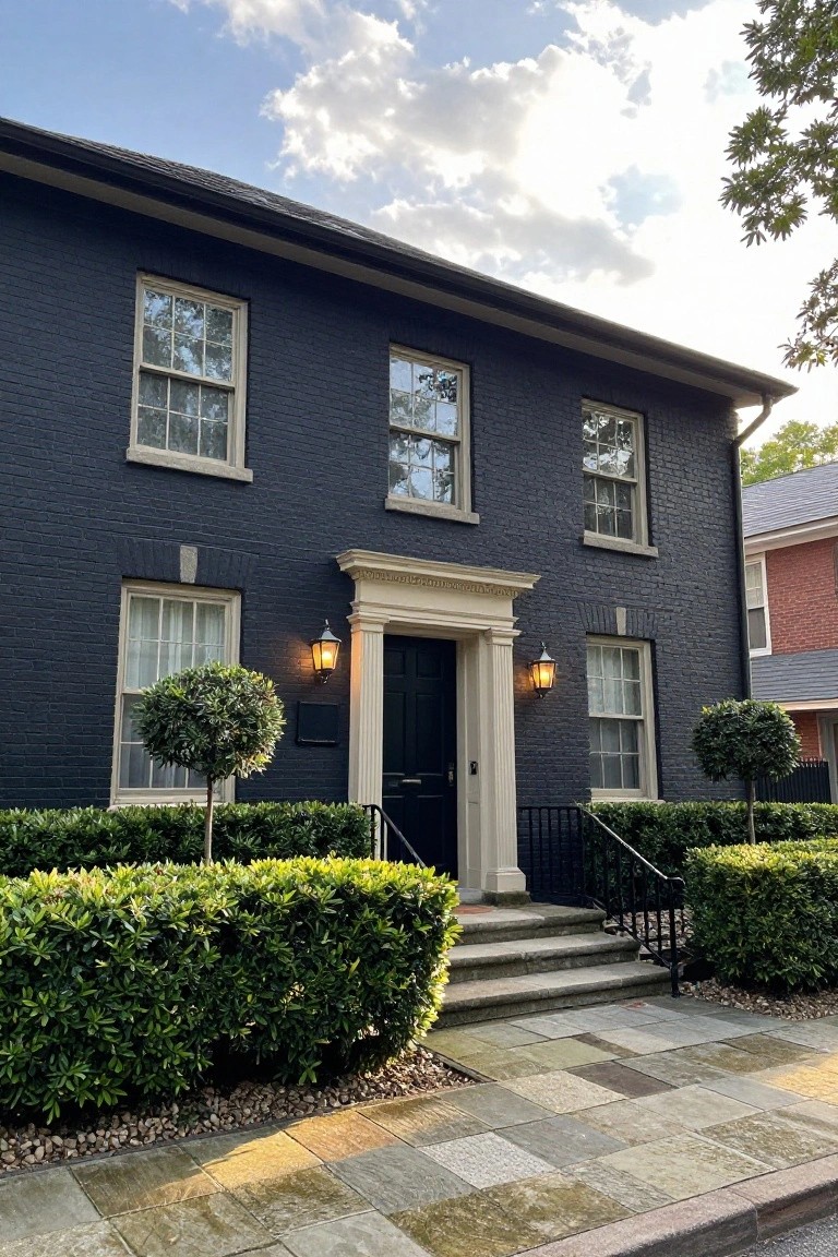 Two-story navy black brick house with white window trim and sills, white classical portico over black front door flanked by lanterns, boxwood shrubs and hedges along black iron railing on stone steps, stone pathway leading to street.