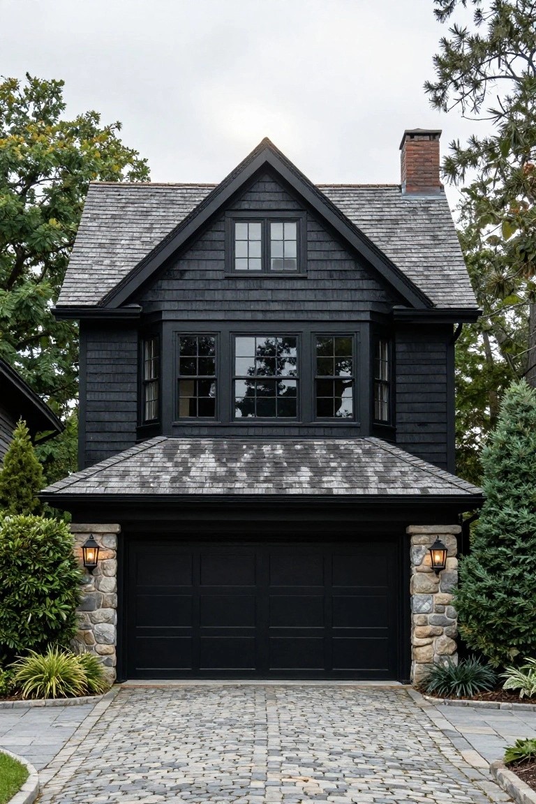 Two-story black shingled house with gabled roof, black-framed windows, stone garage with black doors and lanterns, cobblestone driveway, and evergreen shrubs.