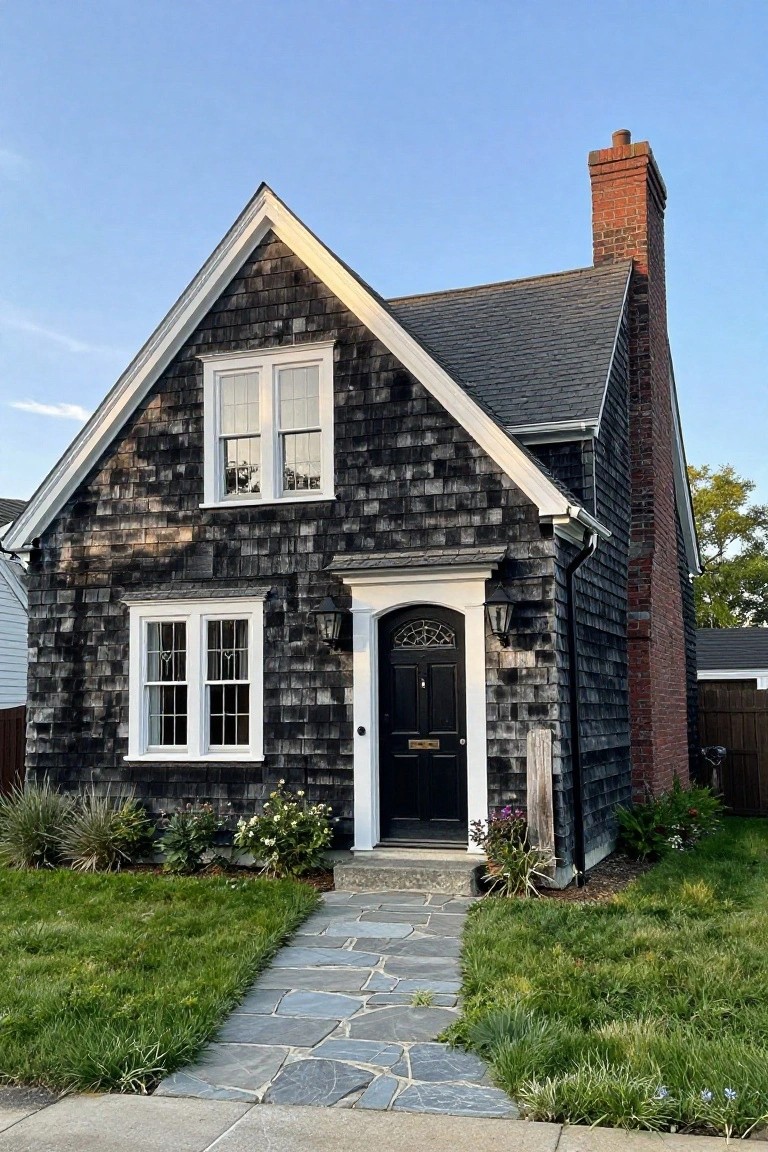 A small gabled house with dark shingle siding, white-trimmed double-hung windows, arched black front door with brass knocker, brick chimney, lantern lights, and slate stone pathway amid grass and low plantings.