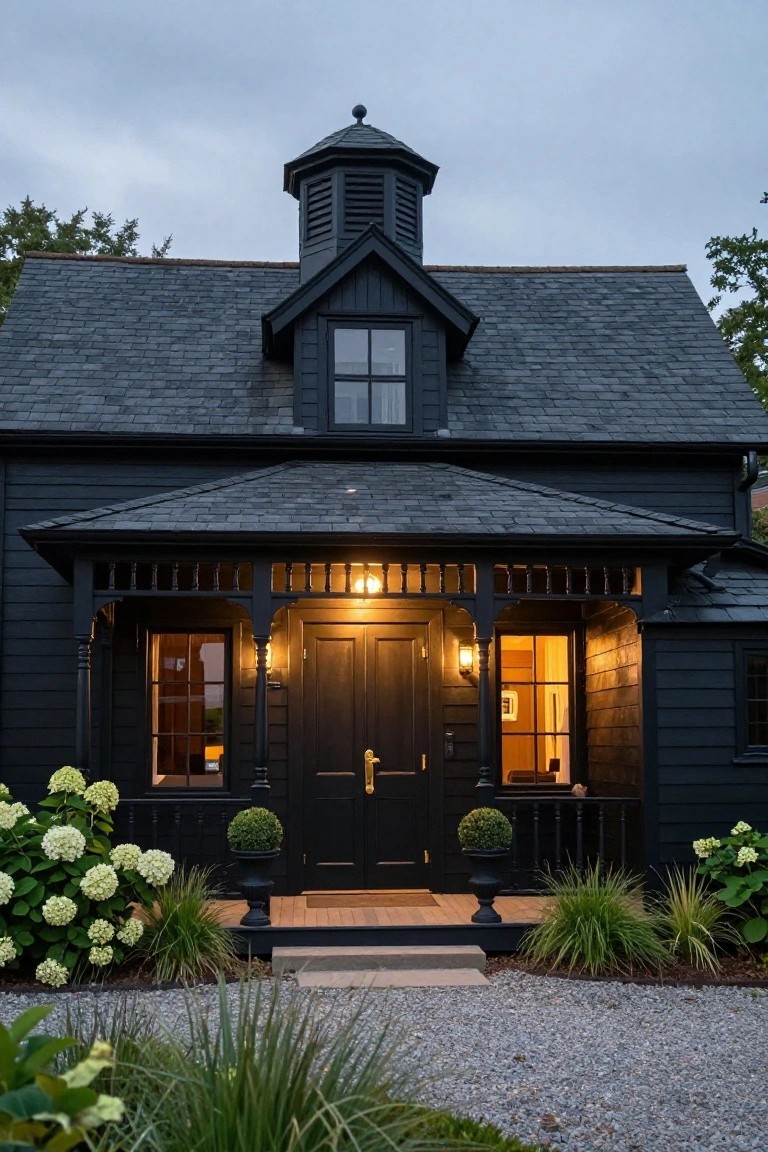 Black painted traditional house exterior featuring a covered front porch with turned posts, lanterns, dark wood door, and white hydrangeas in gravel beds.