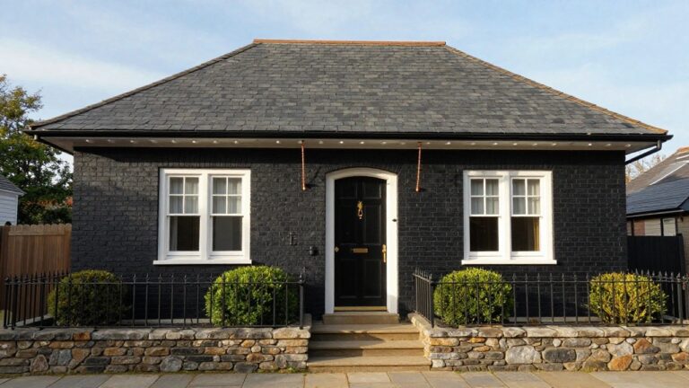Two-story house with black brick exterior, white sash windows, white pedimented front door with brass knocker and letterbox, black lanterns, wrought-iron steps and railing, boxwood shrubs, and stone edging on a paved path.