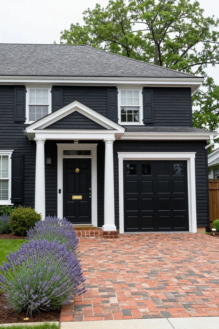 Black shingle-style two-story house with white trim, classical portico entry with columns and black door with brass knocker, attached black garage door, brick paver driveway, and lavender bushes along the front.