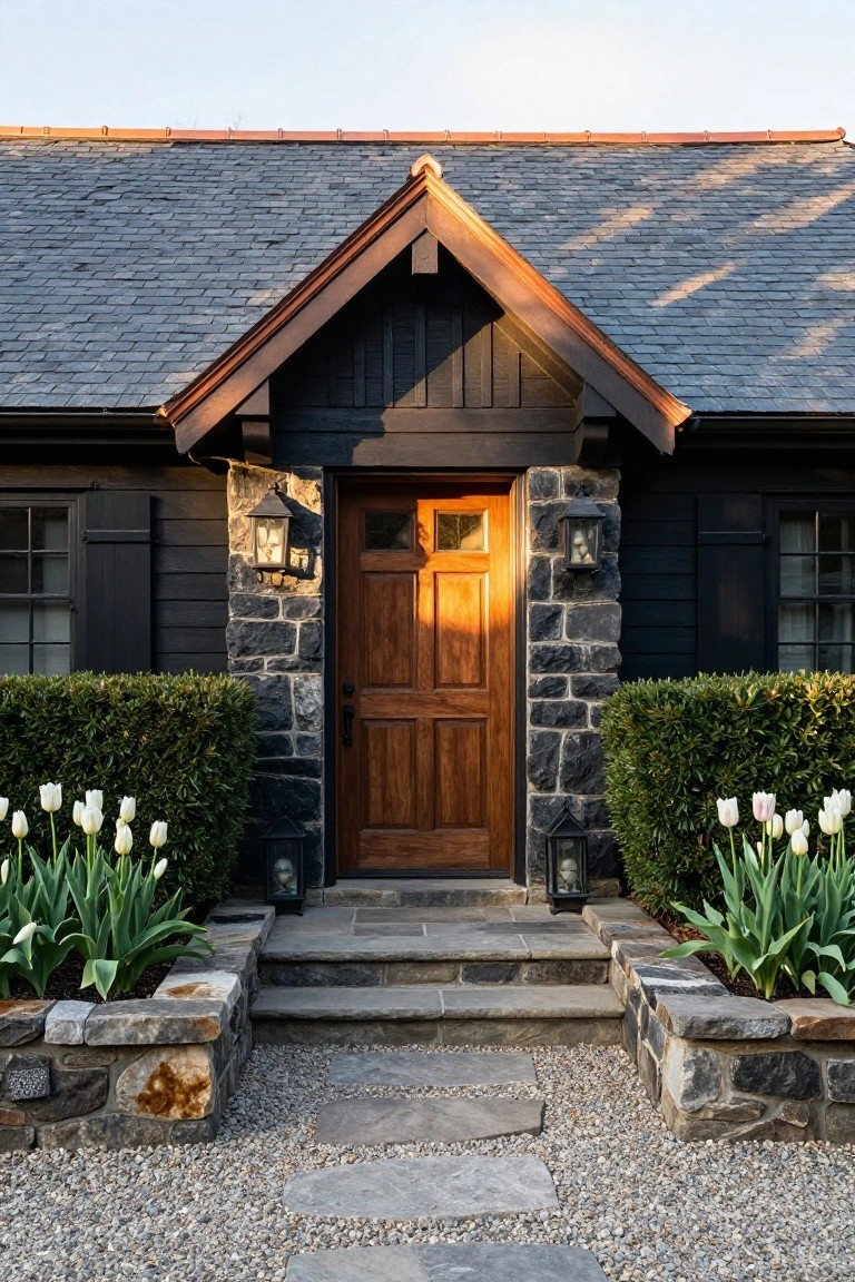 Front facade of a dark shingle-style house with black siding, stone pillars framing a wooden entry door with glass panel, flanked by boxwood shrubs and white tulips in stone-edged planters, leading to stone steps and gravel path.
