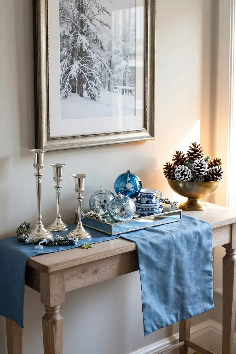 Wooden console table against a beige wall holding a blue linen runner, silver candelabras, blue glass ornaments, blue porcelain cups, pinecones in a brass bowl, and silver tray with greenery next to a framed snowy landscape print.