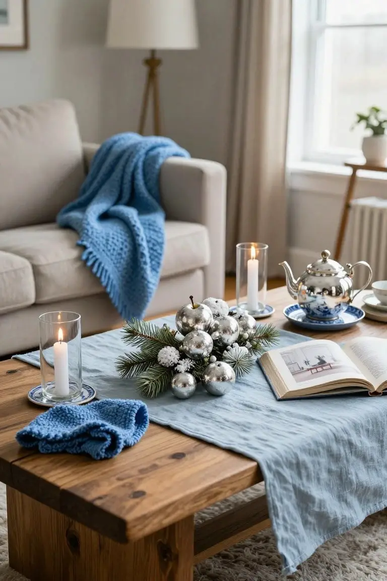 Wooden coffee table in a living room styled with blue linen runner, knitted blue textiles, silver Christmas ornaments, pine branches, white candles in glass holders, blue and white teapot and cups, next to a beige sofa with blue throw.