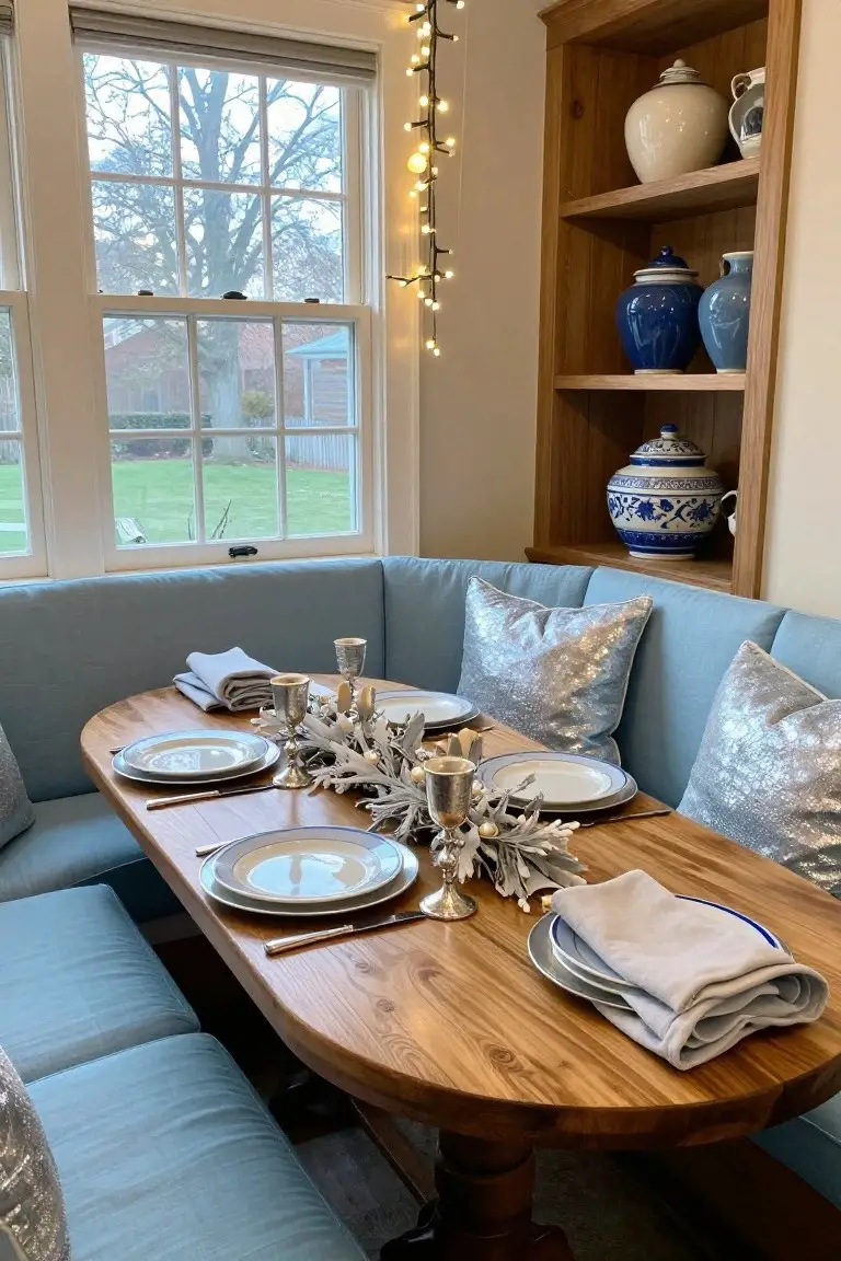 Light blue banquette booth with silver pillows surrounding an oval wooden table set for dining with white and blue plates, silver goblets, linen napkins, and a white branch centerpiece, beside a window and wooden shelves holding blue and white vases.