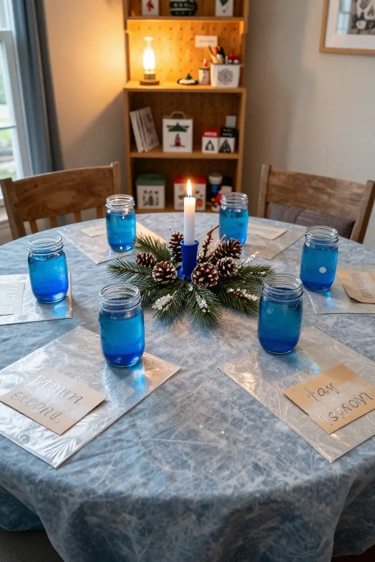 Dining table set with a pinecone centerpiece holding blue candles, blue mason jar glasses filled with water, kraft paper placemats, and silverware on a metallic blue tablecloth in a cozy room.