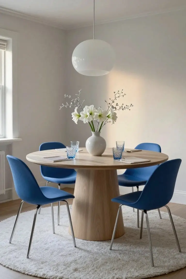 Round light oak pedestal dining table with four blue molded chairs, set with blue etched glasses, white ceramic vase of white lilies and branches, white napkins, and notebooks, in a light gray room on a white shag rug under a white globe pendant light.