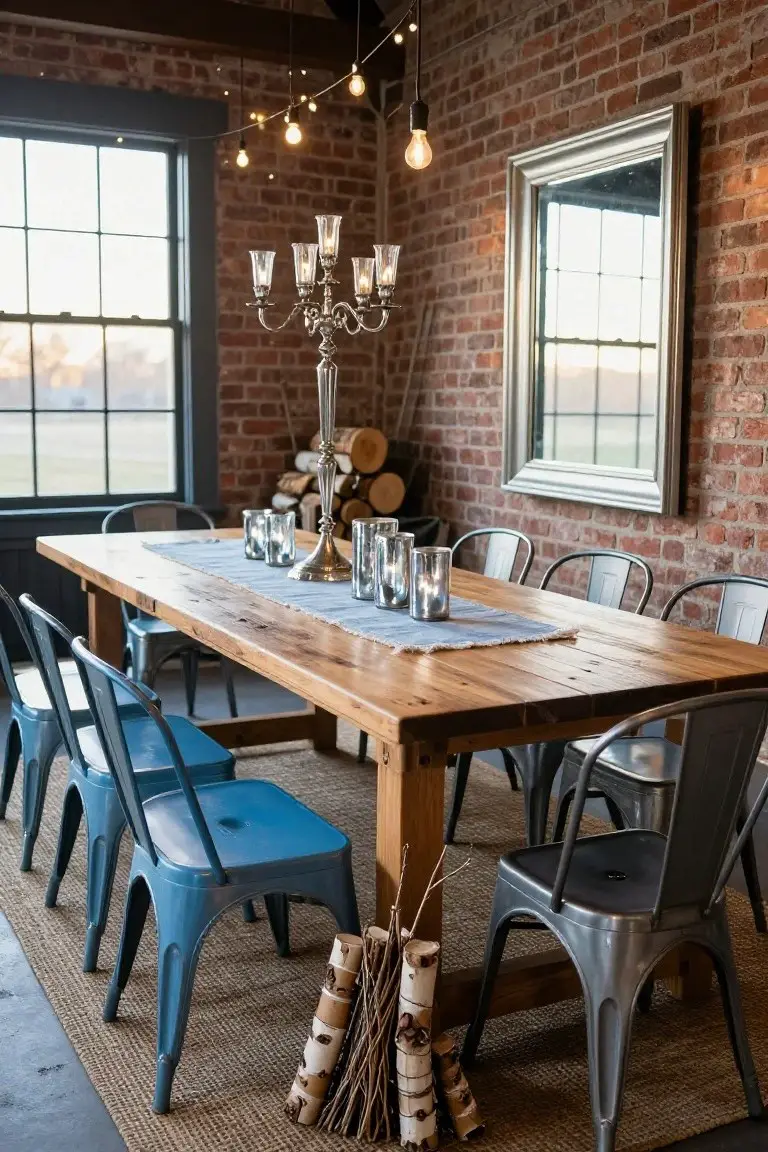 Long reclaimed wood dining table with blue runner, silver candelabra, glassware, and metallic blue and gray chairs in a brick-walled room with string lights, firewood stacks, and a large mirror.