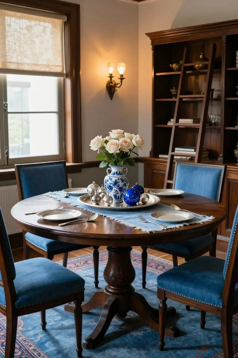 Round wooden dining table in a wood-paneled room set with a frayed blue table runner, silver ornaments and teapots, blue porcelain vase of white roses, plates, and silverware, surrounded by blue upholstered chairs, wooden bookshelf, and window.