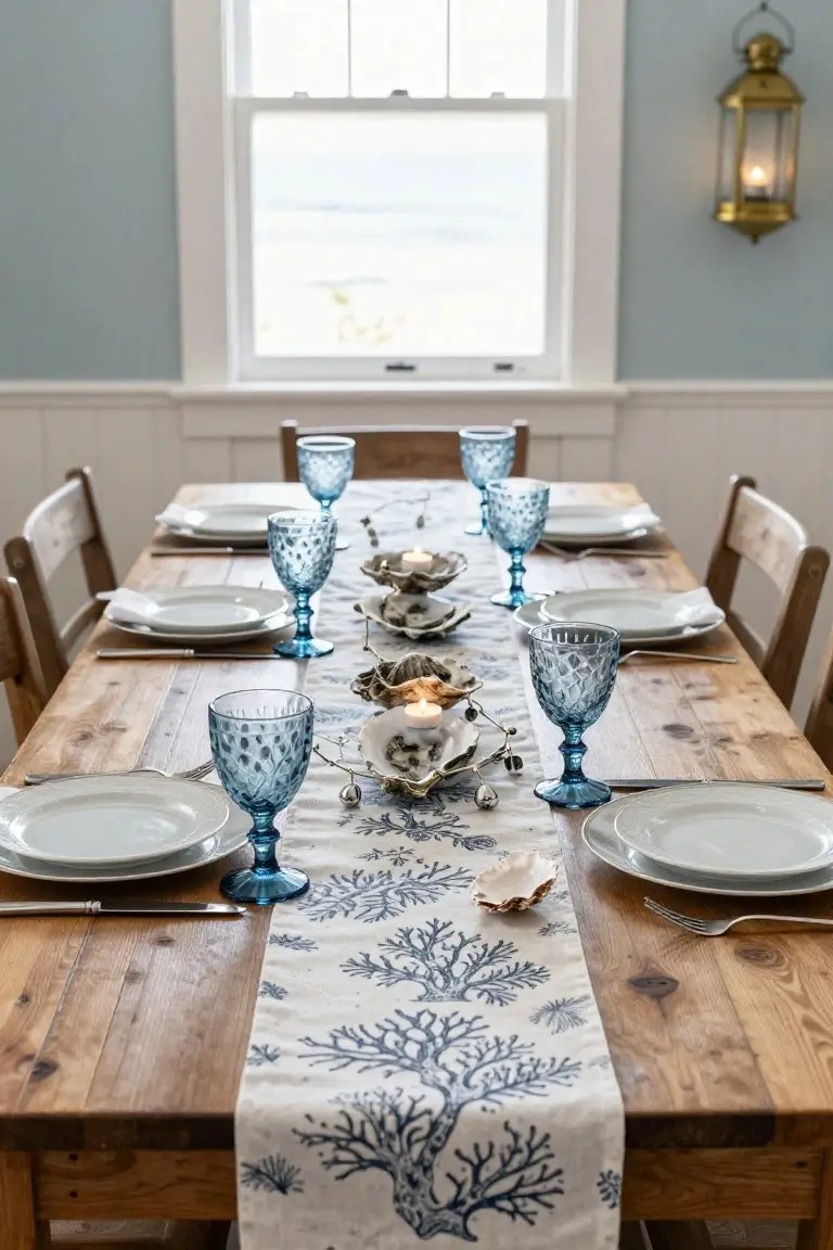 Wooden dining table set with white plates, blue dotted textured wine glasses, seashell decorations, candles, and a blue coral-patterned runner in a light blue paneled room with window overlooking the ocean.