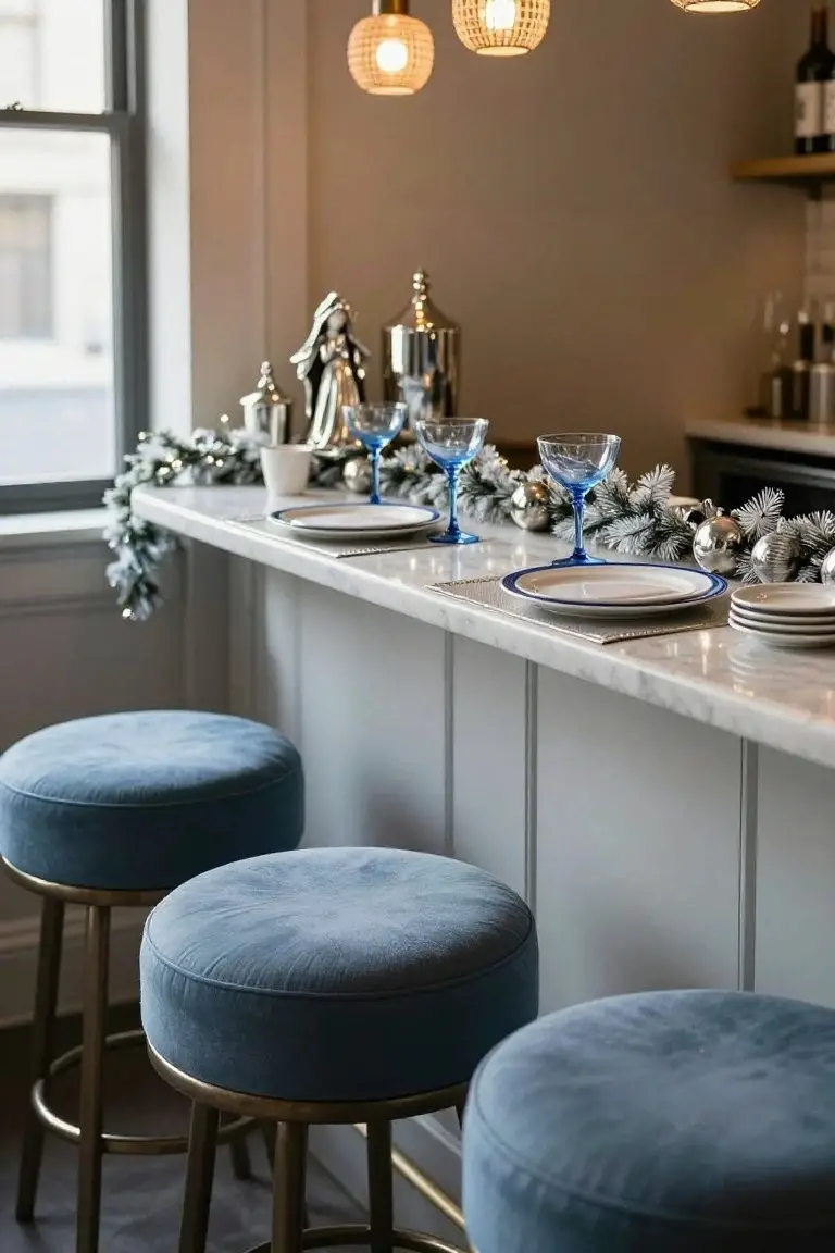 Marble countertop bar in a kitchen with three blue velvet upholstered stools on brass bases, blue glassware, blue-rimmed plates, silver Christmas ornaments, and faux snow garland along the edge.